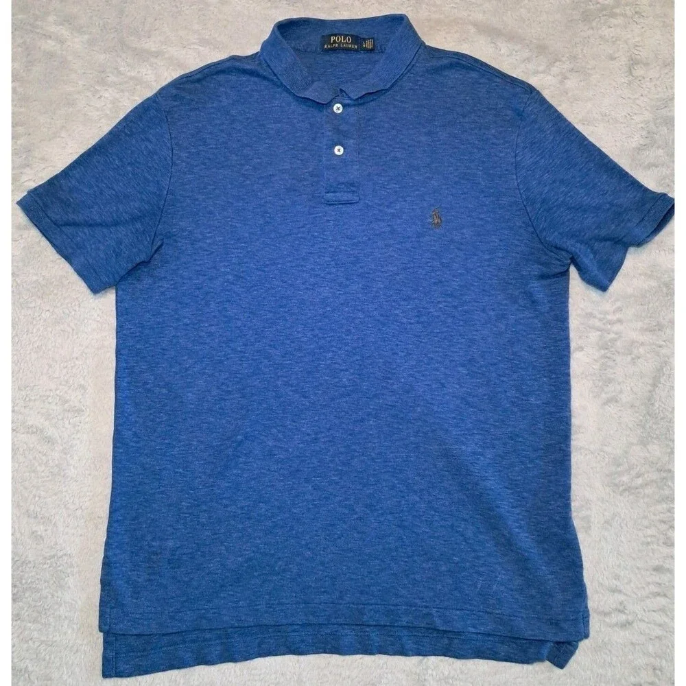 Polo Ralph Lauren Polo Shirt Blue Short Sleeve Collar Cotton Grey Pony Men Large